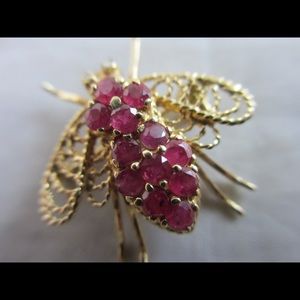 Ruby 14k Gold Bee Brooch Pin Vintage Art Deco